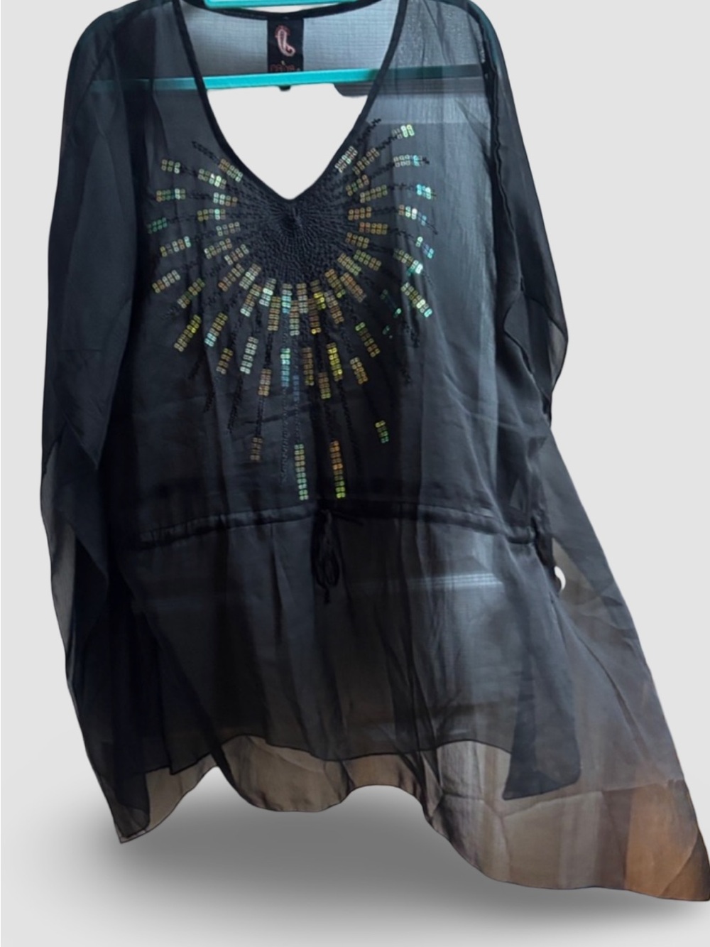 Sheer Black Sequin Embellished V-Neck Women's Top